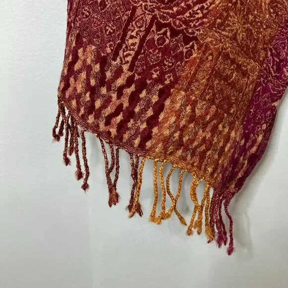 LUCKY Scares scarfs paisley print Fringes Boho Hippie red/gold Wool one size - Picture 4 of 7